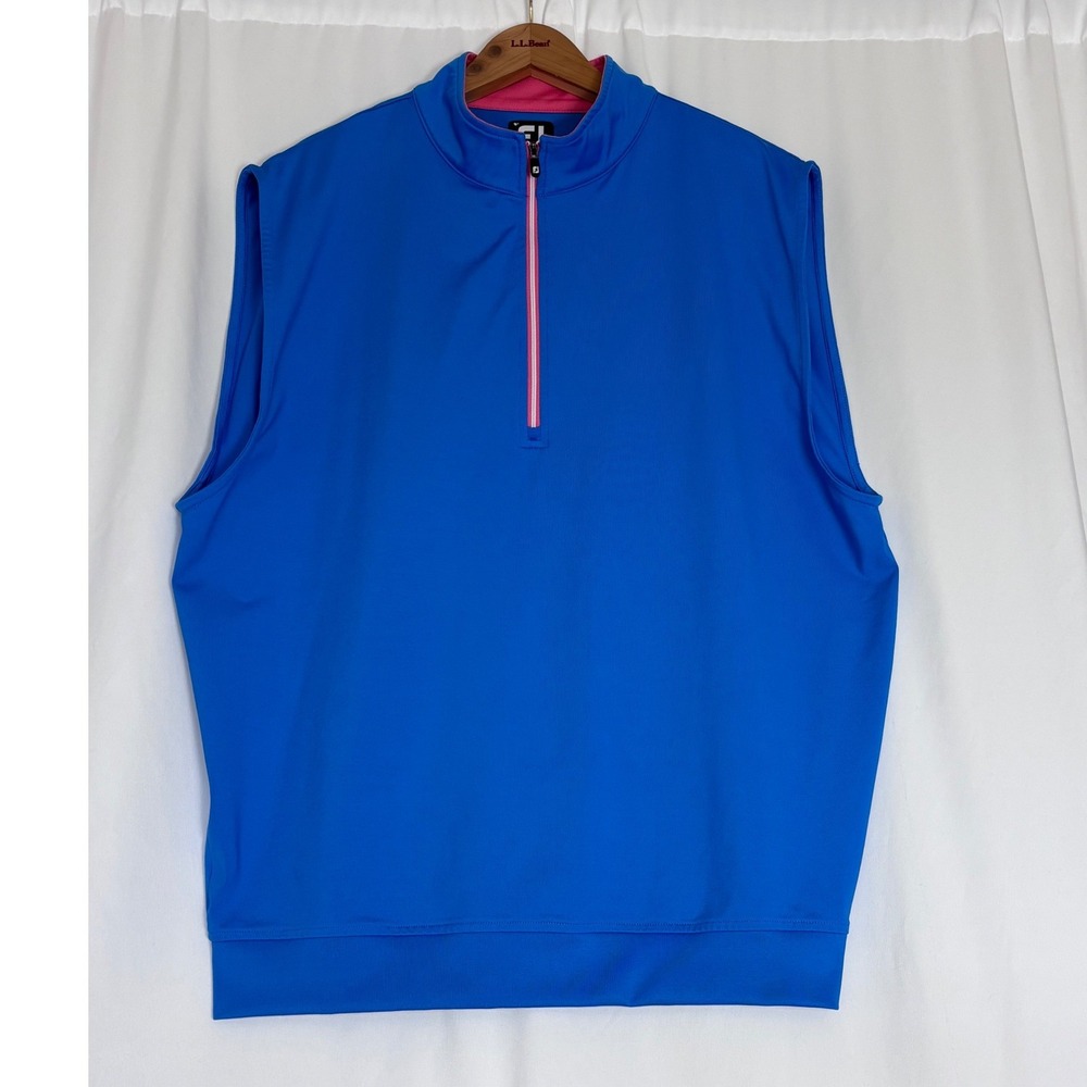 FootJoy Mens Golf Vest Blue Pink Quarter Zip Sleeveless Pullover Large 1155337
